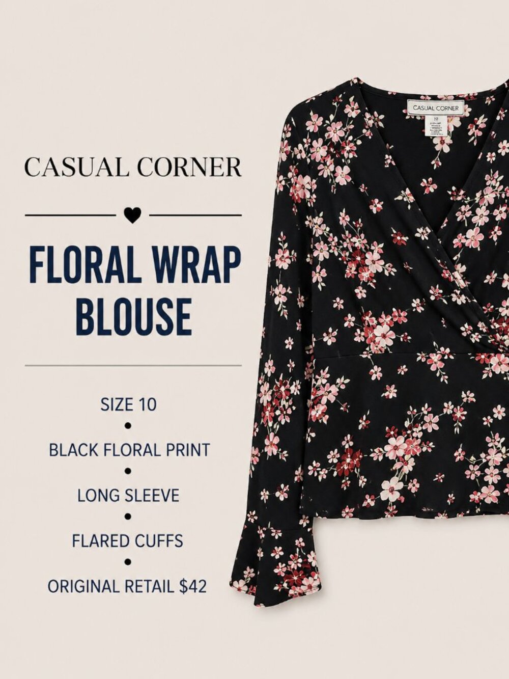 Casual Corner Size 10 Black Floral Wrap Style Long Sleeve Blouse